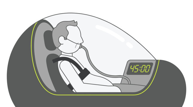 A person undergoes a hyperbaric oxygen therapy session inside a sleek, futuristic pod, wearing a breathing mask with a digital timer displaying forty-five minutes.