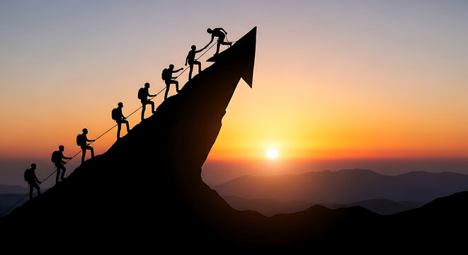 A silhouette of a traveling person with a backpack stands on a mountain top against a glowing orange sunset sky over a vast desert landscape at dusk