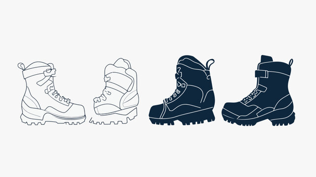 A white background with four pairs of ski or snowboard boots drawn in different styles