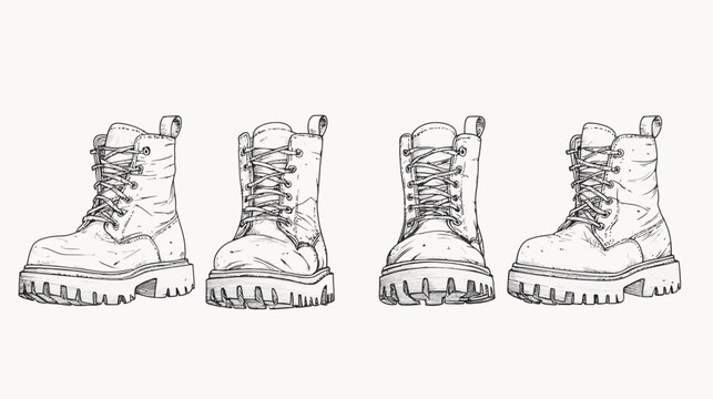 Black and white illustration of four combat boots in varying perspectives
