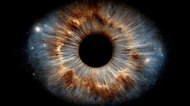Close-up of a blue eye with black pupil and golden starburst light rays effect