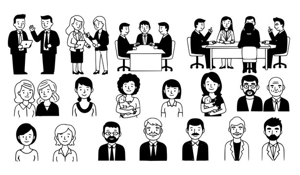 Doodle people vector set funny characters diverse activities office workers