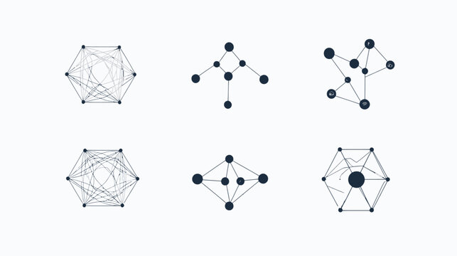 Six abstract diagrams composed of nodes and lines, illustrating network or connection concepts