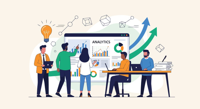 Illustration of business team analyzing data and charts on a computer screen, with lightbulb representing ideas and upward arrows symbolizing growth
