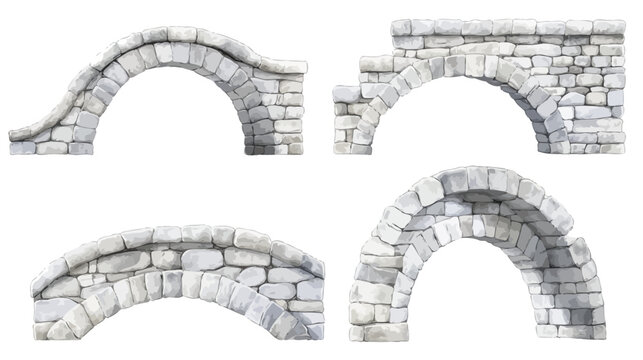 Four stylized renderings of stone arch bridges in various shapes and arrangements against a white backdrop