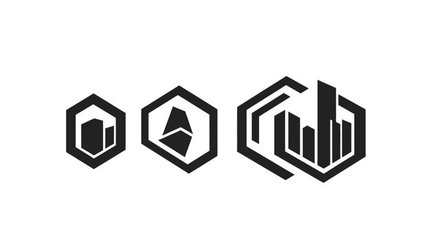 Three minimalist logos in black within hexagonal shapes, featuring shapes reminiscent of buildings or abstractions