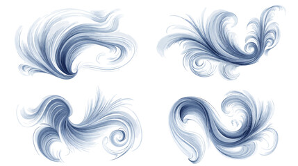 Fototapeta premium Four abstract watercolor elements in shades of blue and white, with swirling and flowing lines