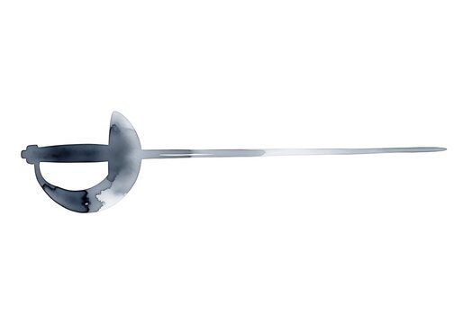 Fencer holds shiny epee sword with protective guard in hand