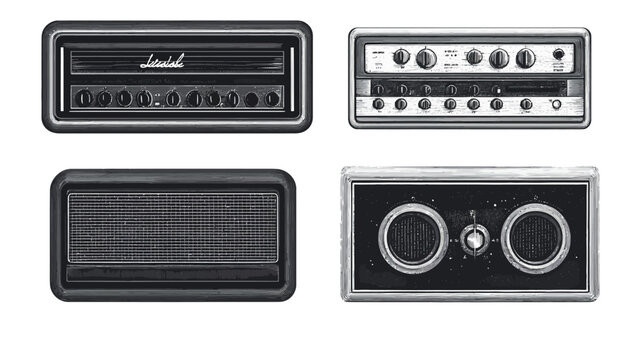Four monochrome illustrations of electronic audio equipment amp heads, control panel, speaker and a woofer