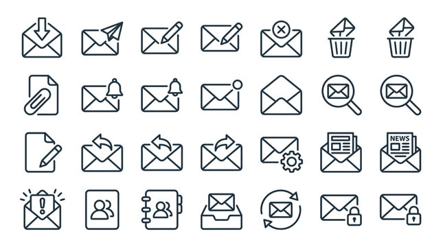 Set of mail and communication line icons on grey background.