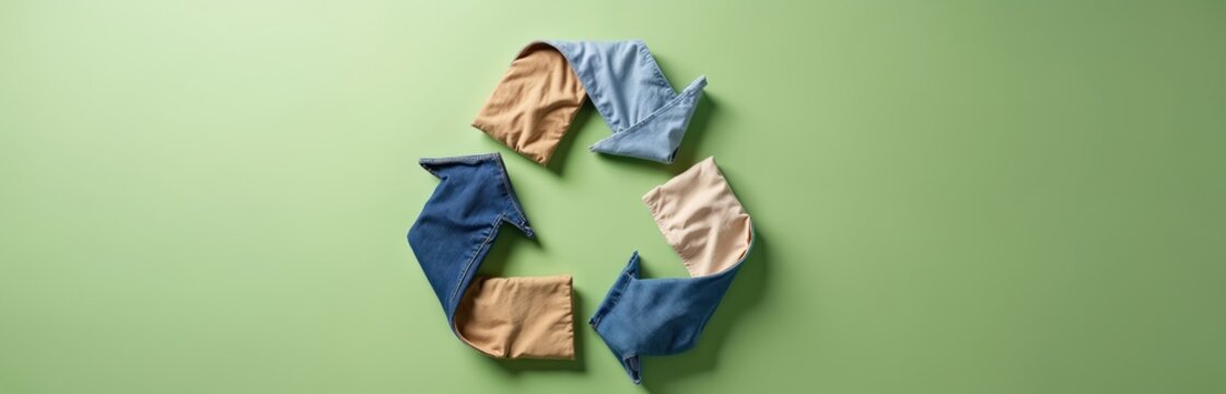 Recycle symbol formed by beige and blue clothes on green background. Flat lay composition promotes sustainable fashion, textile reuse, and circular economy.