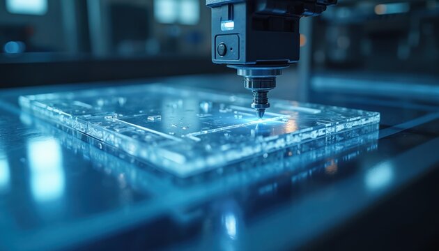 Automated machine precisely cuts clear plastic material. Precision manufacturing process uses tool for accurate cutting in industrial setting. Modern tech shapes sheet with detail.