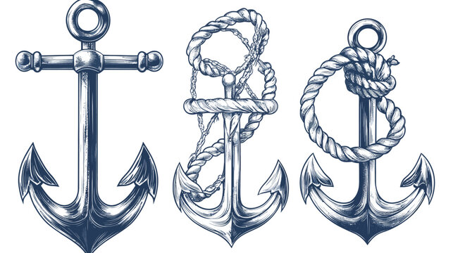 Three stylized, detailed anchors, one plain, one with coiled rope, and one with a knotted rope