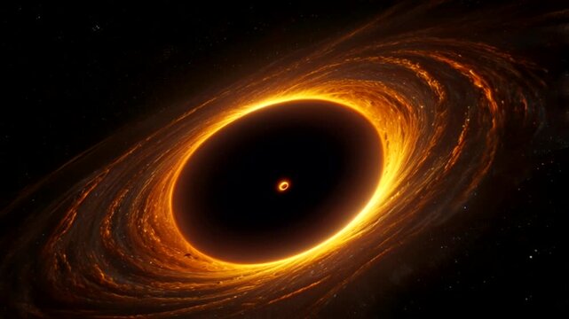 a brightly glowing, golden-orange accretion disk composed of gas and dust that spins at very high speeds before being sucked into the event horizon.
