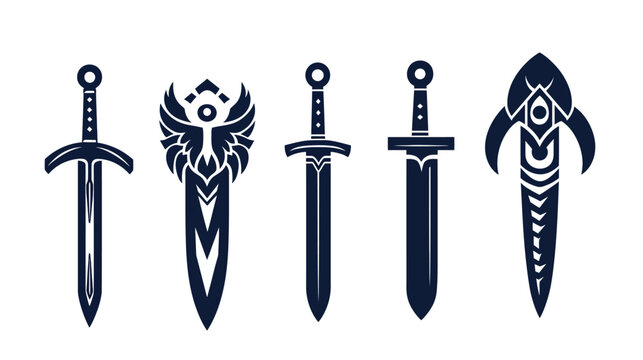 Five stylized sword illustrations. Each sword has unique design in dark blue color. Set on white background