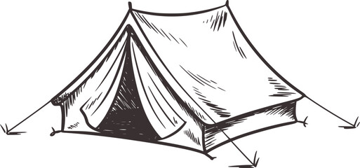 Hand drawn of a classic canvas camping tent with open entrance and guy ropes outdoor © Nasum