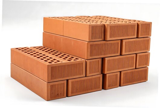 Stack of Terracotta Clay Bricks Isolated on White Background &ndash; Construction Material, Building Blocks Concept