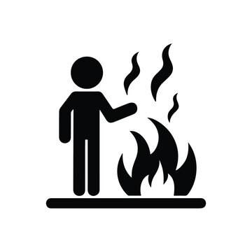 Stick figure standing by fire reaching hand toward flame. Isolated vector icon on transparent background. Simple black silhouette for camping, warmth, danger, survival, fire safety concepts.