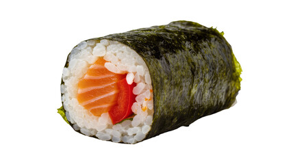 Fresh salmon and red pepper sushi roll wrapped in nori, isolated on transparent background © Thomas
