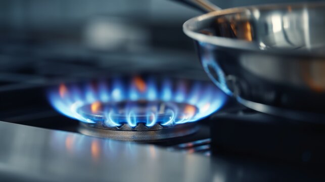 Gas stove with blue flame and metal pan