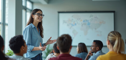 Fototapeta premium Professor talks to diverse students in university classroom. Young woman with glasses presents lecture with hand gestures. People listen attentively at desks in modern school hall.
