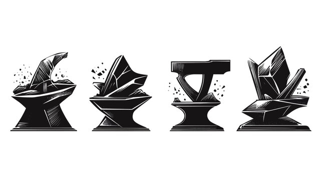 Four stylized black anvil designs with jagged, fractured, abstract shapes and flecks, white background