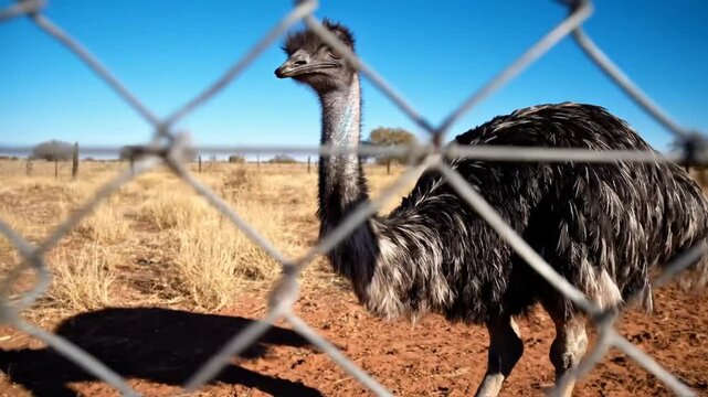An emu behind a chain-link fence on a sunny day with a backdrop of dry grasslands and blue sky