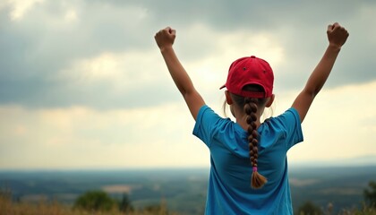 Child wearing red cap raises arms in victory pose. Girl stands outdoors in scenic landscape with cloudy sky. Feeling of success, confidence and accomplishment.