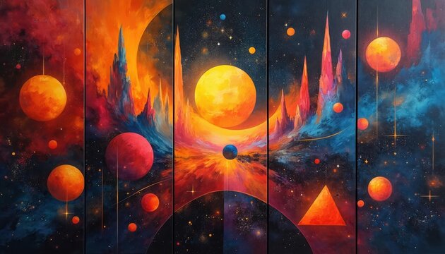 Abstract cosmic polyptych shows planets, stars, nebulae. Geometric shapes and vibrant colors create fantasy space scene. Modern art panel with celestial bodies and cosmic dust.