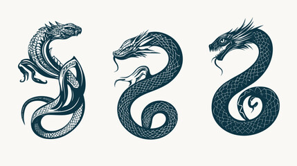 Fototapeta premium Dark illustrations of stylized serpents with detailed scales and menacing features, arranged on white