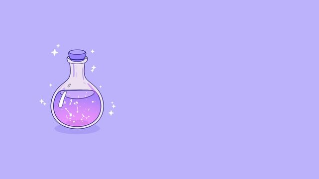Enchanted glass flask with a swirling celestial nebula and constellations positioned on the left side of a wide purple frame