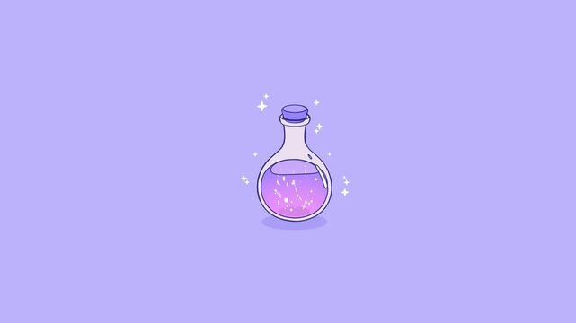 Magic potion bottle containing a miniature purple galaxy with stars and constellations floating on a minimalist lavender background