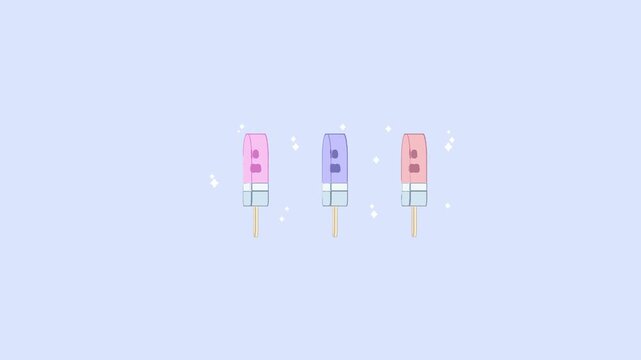 Three colorful frozen fruit popsicles with watermelon seeds arranged in a row against a light blue minimalist background