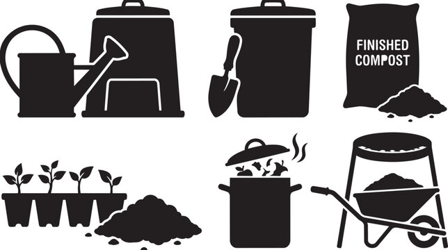 Vector silhouette set of urban gardener composting icons including watering can, composter, trowel, finished compost bag and seedling tray
