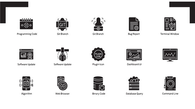 Software icons set displays various programming tools including git branches, binary code, and database queries in a minimalist black style.