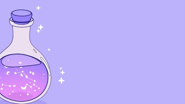 Magical potion container with glowing constellations and stardust positioned on the left edge of a wide lavender space
