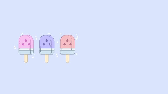 Set of three fruit ice pops on sticks positioned on the left side of a wide pastel blue frame for summer branding