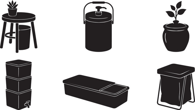 Vector silhouette set of apartment friendly composting units including hidden stool bin, vacuum sealed container and plant pot composter
