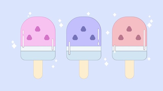 Close up view of three stylized watermelon popsicles with seeds and glowing sparkles on a soft blue background