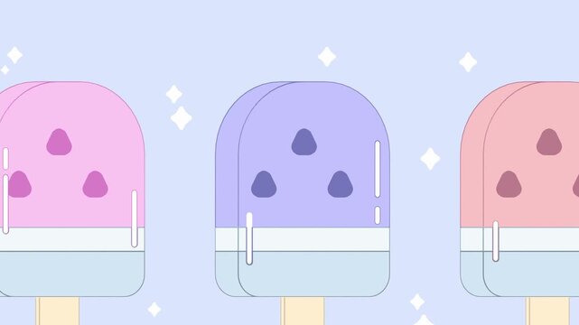 Side profile view of three tall colorful fruit popsicles showing layers and texture on a minimalist light blue backdrop