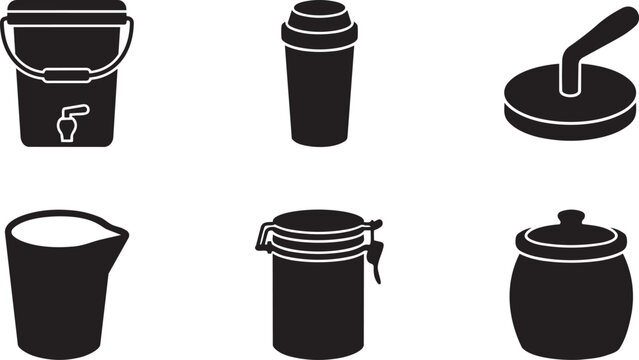 Vector silhouette set of bokashi fermentation icons including bucket with tap, bran shaker, pressing tool and sealed fermenter