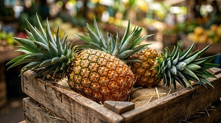 Obraz premium Fresh pineapples displayed in a rustic wooden crate at a vibrant market, surrounded by various fruits and greenery in a lively outdoor setting