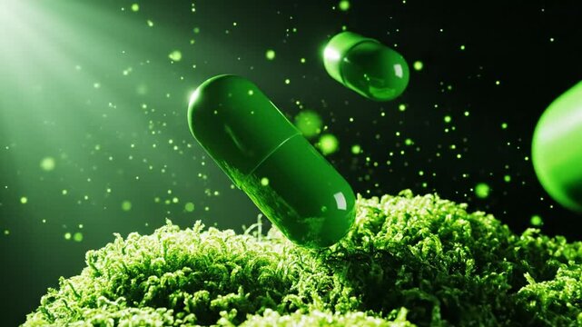 Green capsules fall onto a heap of green powder particles on a dark background