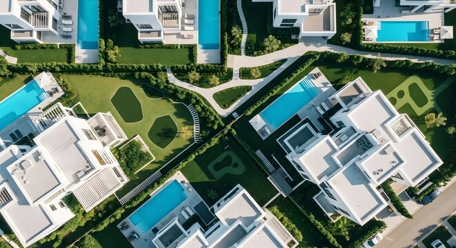 Aerial view of modern luxury houses with swimming pools and manicured gardens.
