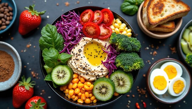 Top view of colorful Buddha bowl with fresh vegetables like broccoli, tomatoes, corn, cabbage, kiwi and creamy hummus. Healthy food for lunch or dinner with boiled eggs and toast.