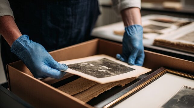 Archivist in Plain Gloves Carefully Lifting Old Sports Photograph from Storage Box