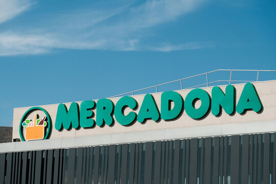 Finestrat, Spain - March 19, 2026: Mercadona supermarket signboard outdoors. Mercadona is popular supermarket chain in Spain and Portugal.