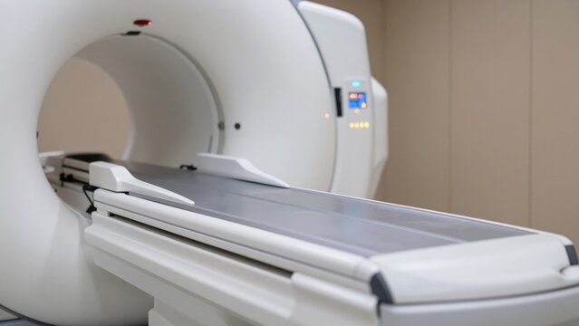 Close view of a white CT scanner gantry and sliding examination table.
