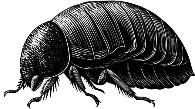 Detailed engraving illustration of a pillbug, captured in profile. It's dark with detailed white lines