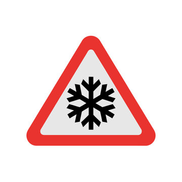 A warning sign icon featuring a snowflake symbol inside a red triangle on a white background